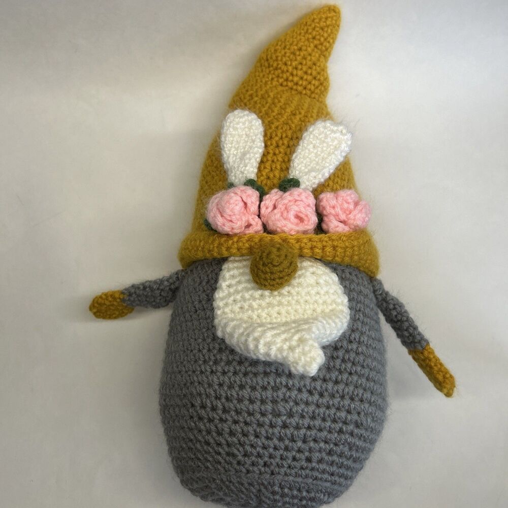 17” Crocheted Knitted Easter Stuffed  Gnome Faceless Floral Bunny Ears Roses